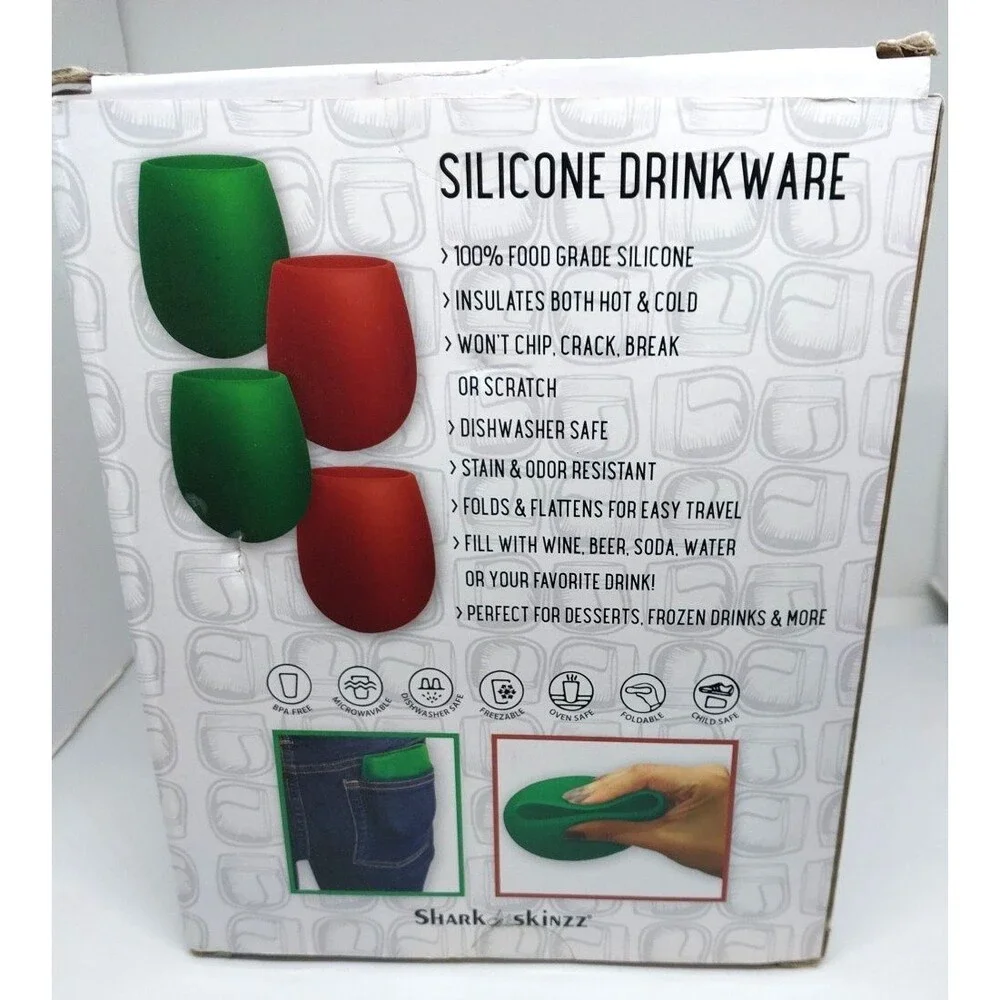 Shark Skinzz Silicone Wine Glasses 4-Pack 12oz New Green & Red